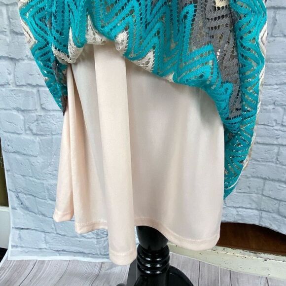 Tacera open knit fully lined 3/4 bell sleeve chevron print dress women sz Med - Picture 2 of 14